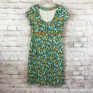 Boden Empire Waist Cap Sleeve Dress Green/Yellow citrus pattern